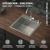 thumbnail of ML-Design Spülbecken Edelstahl 45 × 45 cm Silber – Eckige Einbauspüle mit Ab- & Überlaufgarnitur, 1 Becken klein, Edelstahlspüle mit Siphon & 2