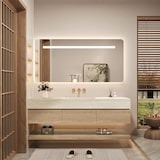 thumbnail of Wandhängendes Badmöbel-Set Travertin-Look mit Sinterstein Waschbecken Spiegel Unterschrank Ablage ohne Armaturloch 120×55 cm【YT9865-120 BKK】