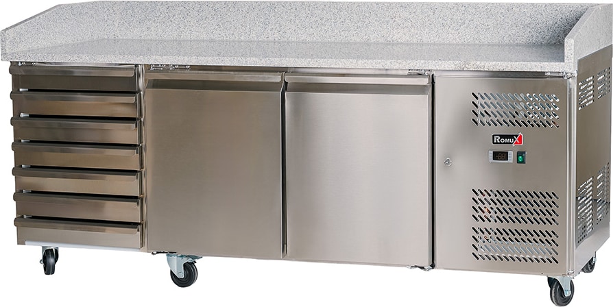 Romux® Pizzatisch 2 Türen und 7 Schubladen 200x80 cm mit Arbeitsfläche aus Granit mit Umluftkühlung | Pizzakühltisch aus Edelstahl