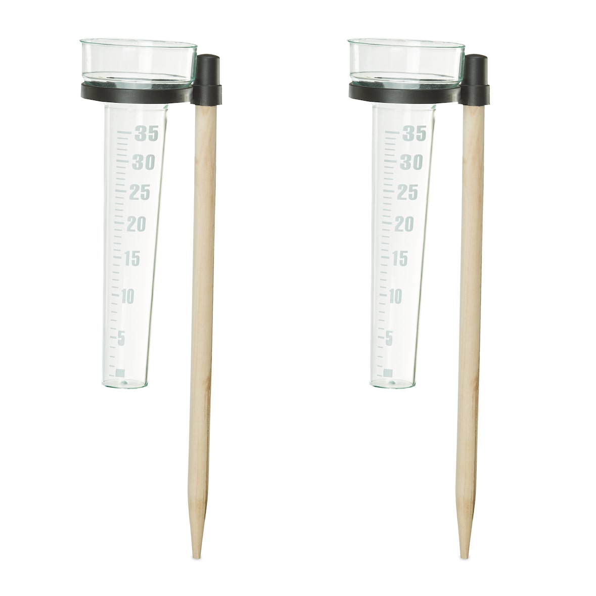 Relaxdays Regenmesser 2er Set, mit Stab, Niederschlagsmesser Garten, Skala 35mm/m², Kunststoff & Holz, natur/transparent