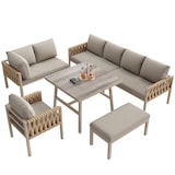 thumbnail of Merax Tuinmeubelset voor 6-7 personen, tuinmeubelset met touwvlechtwerk met gegalvaniseerd ijzeren frame, inclusief alle zit- en rugkussens, beige