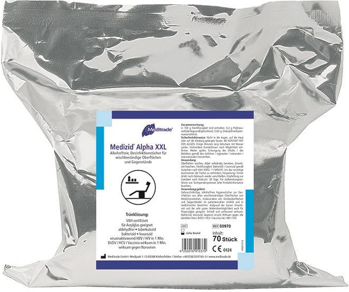 Medizid Alpha + - alkoholfreie Desinfektionstücher - 26 x 29 cm - 6 x 70 Tücher