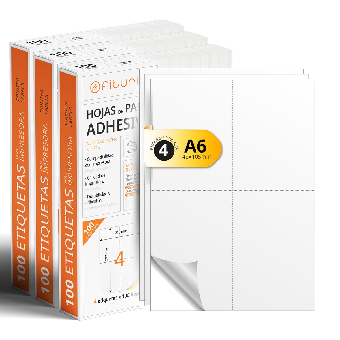 Folios A4 de Etiquetas Adhesivas Blancas, Crea tus Pegatinas Personalizadas, Etiqueta Adhesiva para Imprimir - Ofituria (4 por hoja, 300h)