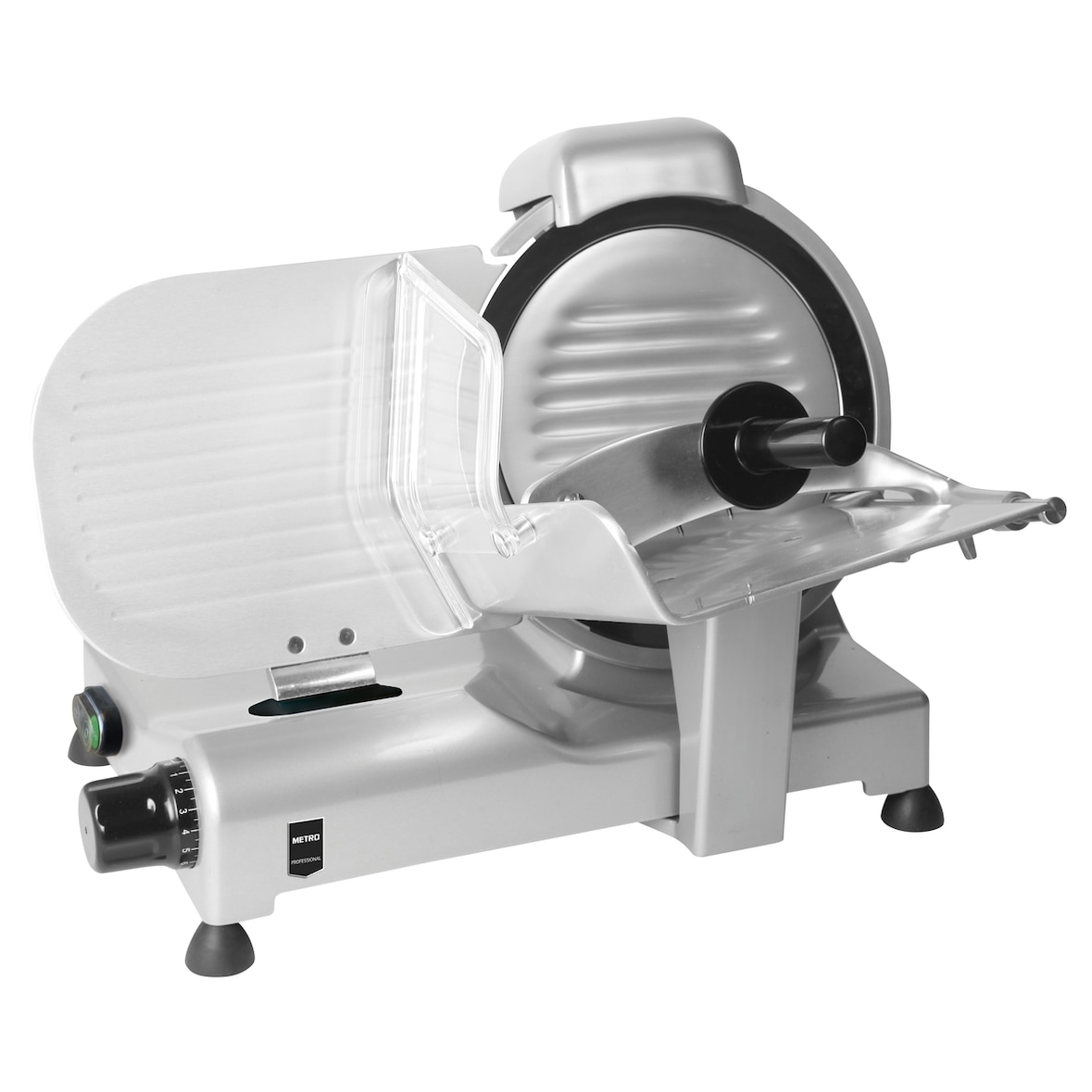 METRO Professional Máquina loncheadora GFS2025, aluminio / inox, 48x36.3x36.5 cm, 230 V, Ø hoja: 25 cm, espesor de corte: 1 mm-15 mm, 140 W, plata