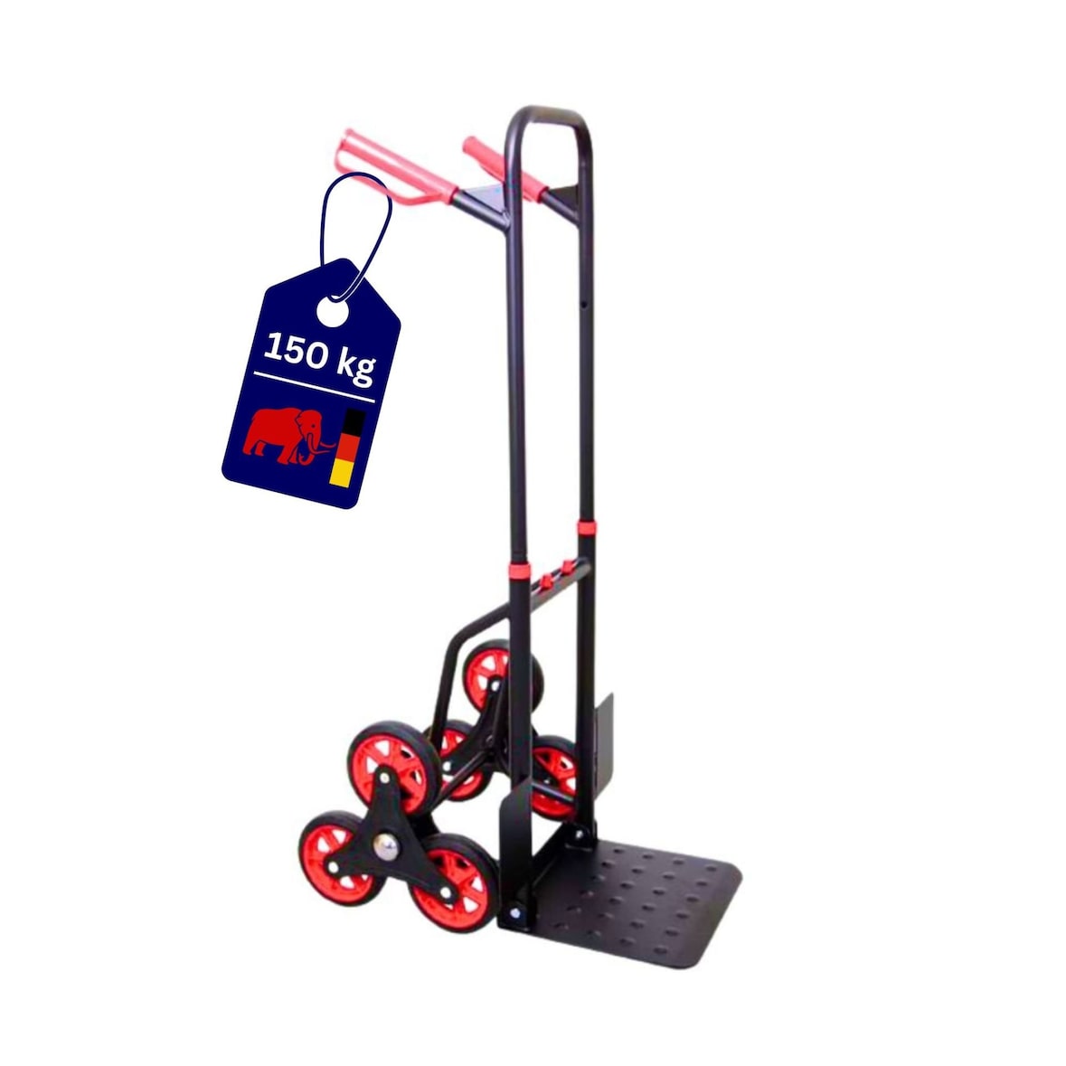 PROREGAL Klappbarer Profi-Treppensteiger TAURUS 150 | HxBxT 110x45x61cm | Traglast  150kg | Stahlrahmen | Rot-Schwarz | Sackkarre Transportkarre
