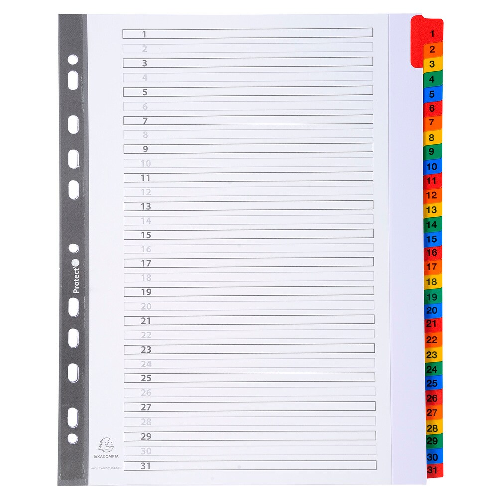 Exacompta, Separatore numerico 1/31, cartoncino bianco 160 gr, tasti colorati, A4 maxi