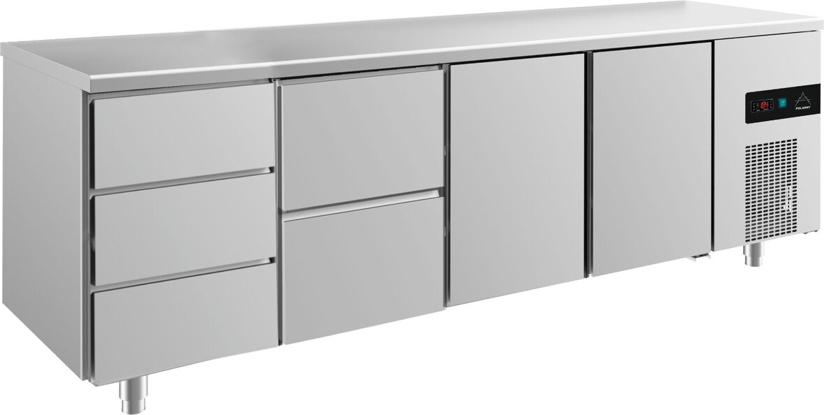 Gastro Kühltisch 2 Türen rechts 5 Schubladen Umluftkühlung 2330x700x850mm -2/+8°C 632l
