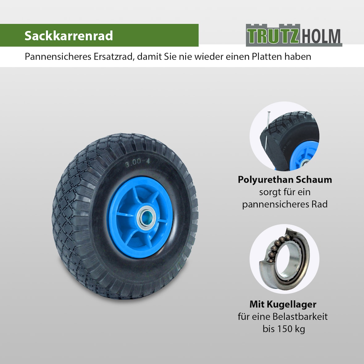 Sackkarrenrad PU-Rad 260x85 mm 3.00-4 60 mm versetze Nabe Ø 20 mm blau Vollgummi Bollerwagen