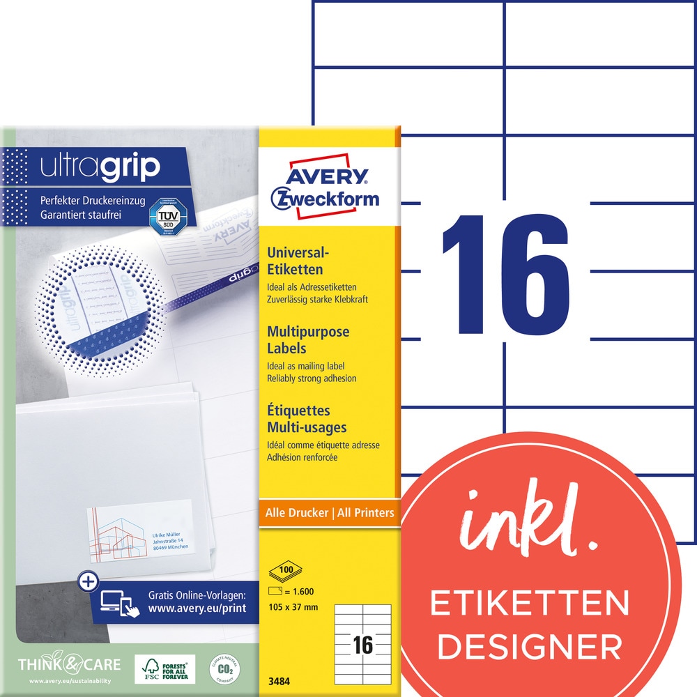 Avery Zweckform 3484 Universal-Etiketten, A4 mit ultragrip, Adressaufkleber, 105 x 37 mm, 100 Bogen/1.600 Etiketten, weiß