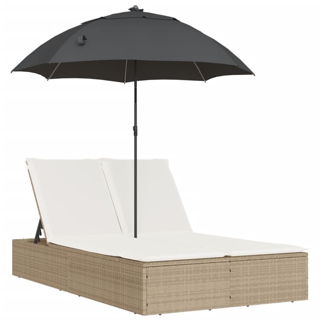 vidaXL Ligbed 2-persoons met kussens en parasol poly rattan beige