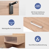 thumbnail of Doppelbett 180x200 mit 2 Schubladen, Kopfteil Leselicht USB Ladefunktion, 2 Nachtkommoden, Massivholz MDF, Stauraum, Eiche Weiß