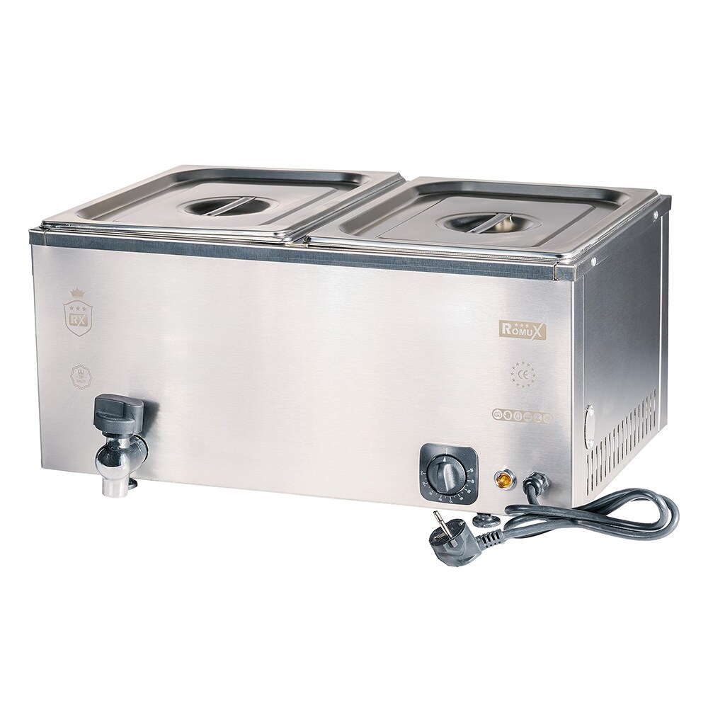 Romux Bain Marie Elektrisch 2 Behälter GN 1/2 Tischgerät aus Edelstahl mit Ablasshahn und Temperaturregler 30-110°C | Wasserbad Gastronomie - 2000W