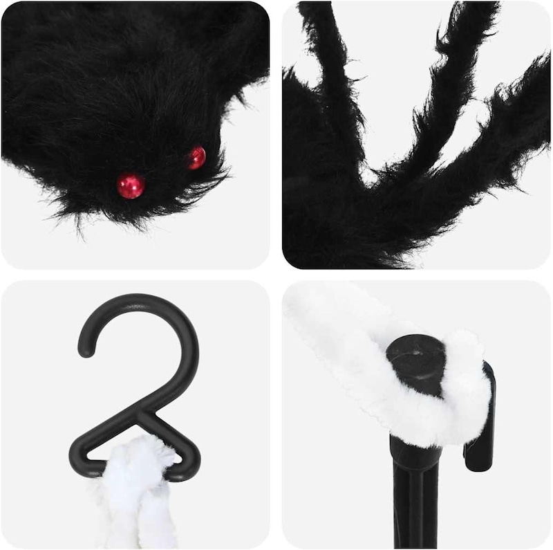 Fuzzy schwarze Spinne mit roten Augen und Haken.