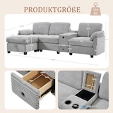 thumbnail of Merax 3-Sitzer Schlafsofa, Ecksofa, Großes Cord-Sofa mit 2 Cup-Halter + Stauraum, USB-C-Anschluss, Hellgrau
