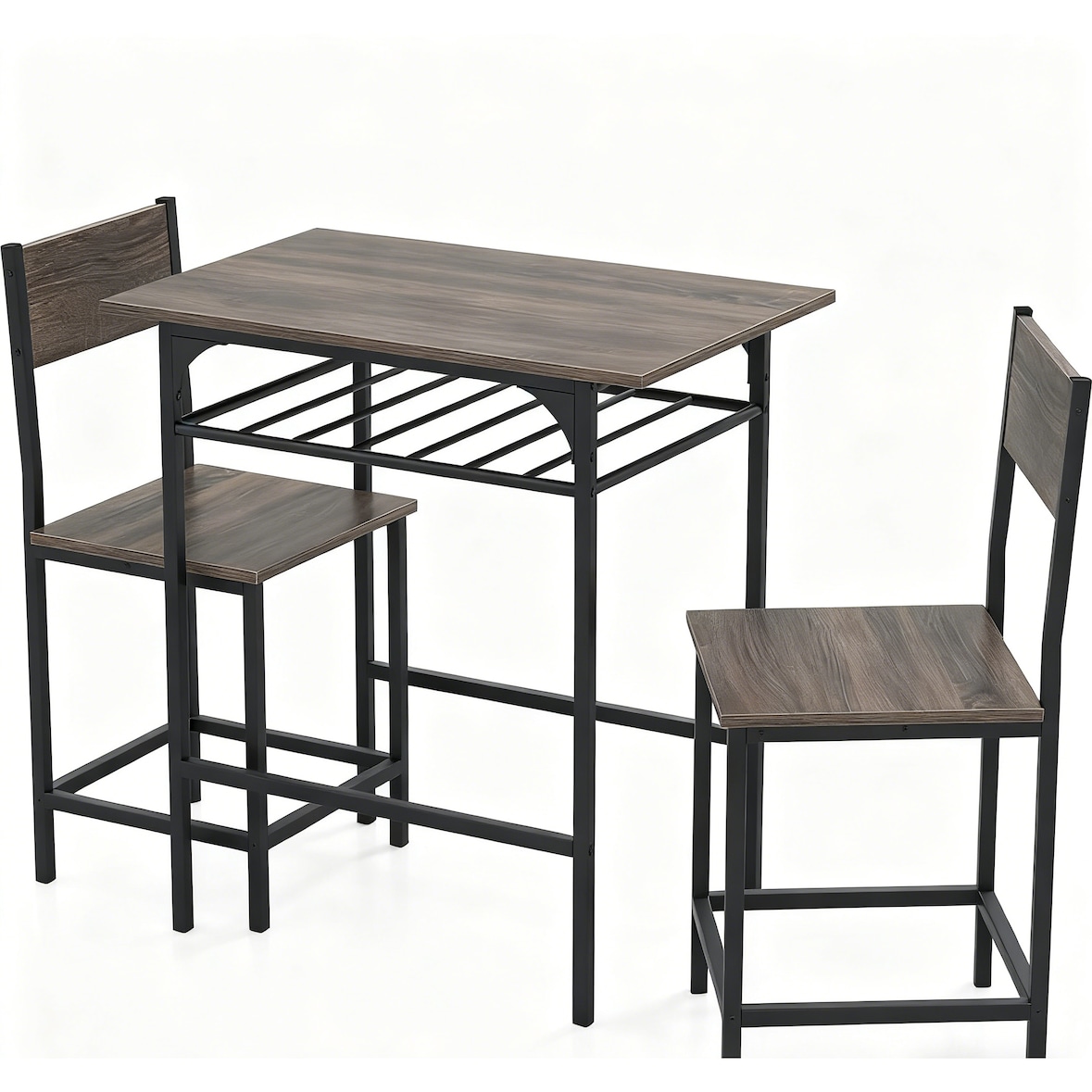 COSTWAY Mesa de Comedor con 2 Sillas, Juego de Comedor de 3 Piezas de Madera con Compartimento de Almacenamiento y Marco Metálico