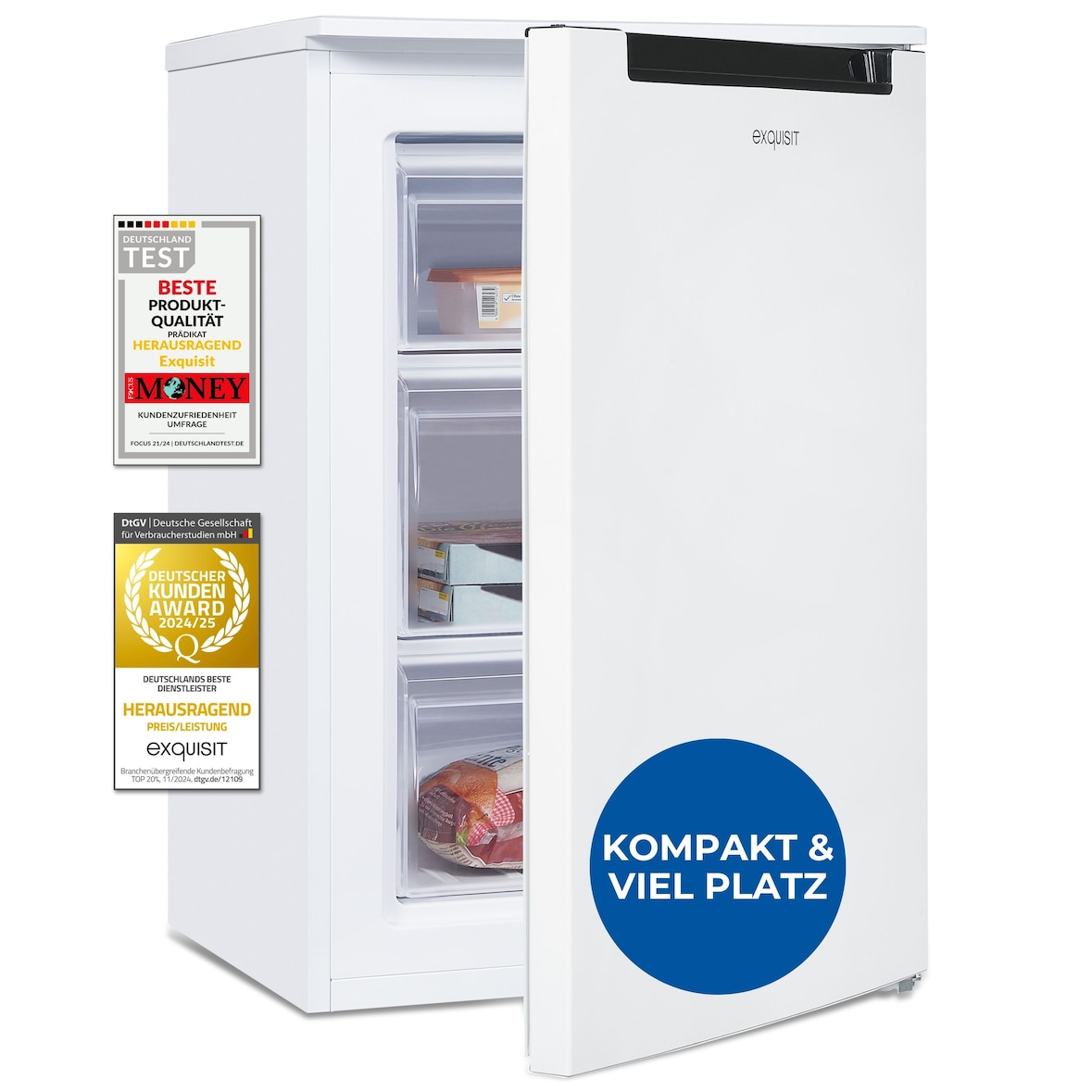 Exquisit Gefrierschrank, 4-Sterne-Gefrieren, 85 Liter, klein, kompakt, Tiefkühlschrank, Wechselbarer Türanschlag, GS581-040C weiss