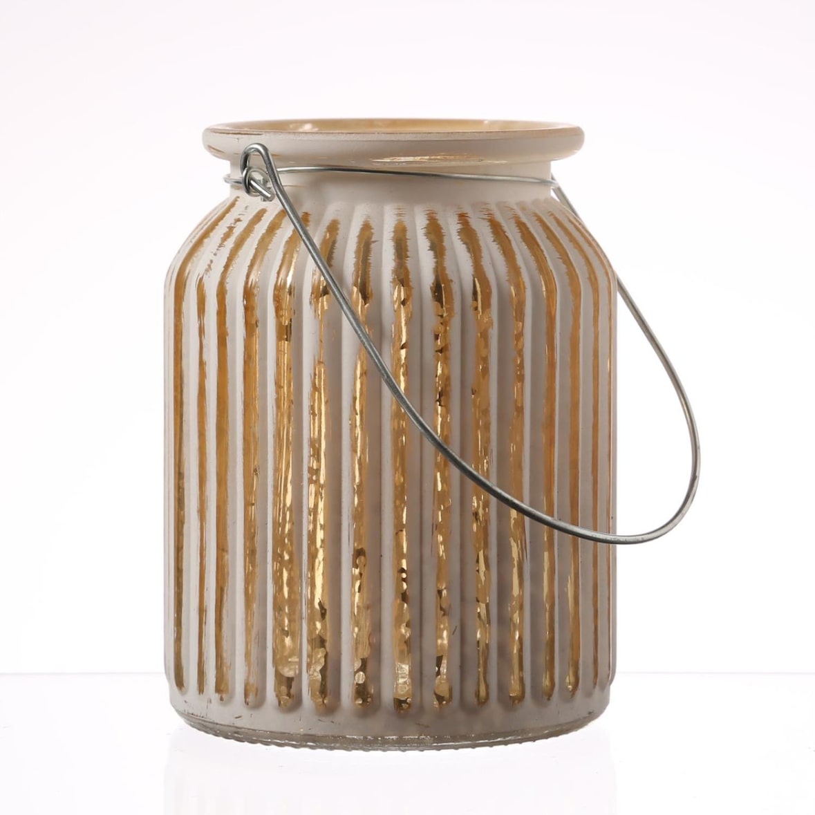 Windlicht für Teelichter geriffeltes Glas Metallhenkel H: 14,5cm weiß gold