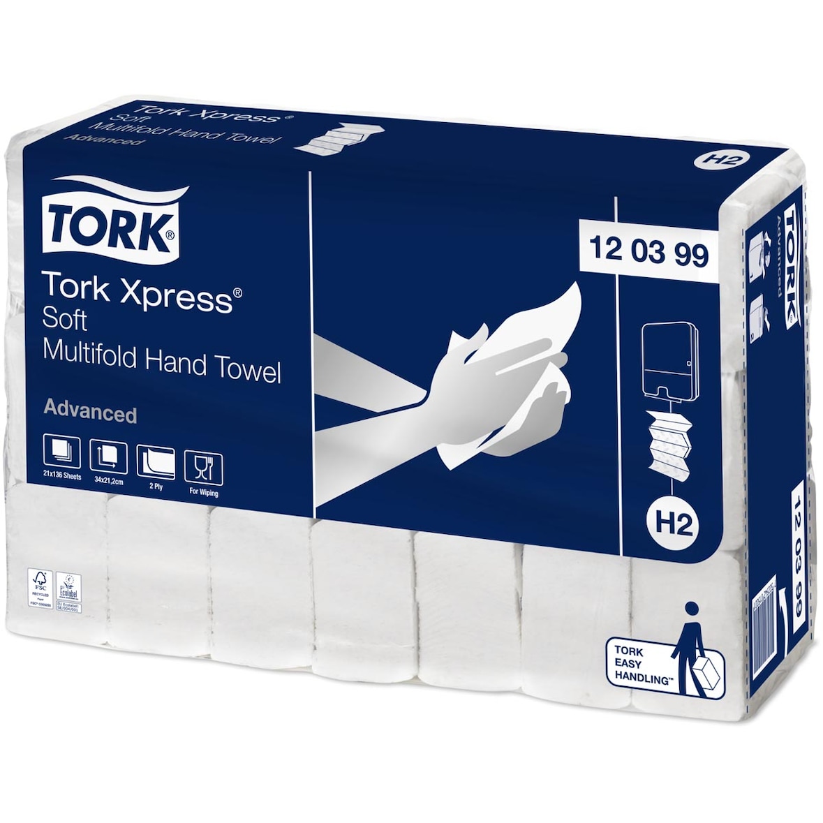 Tork Xpress Advanced handdoek 2-laags, systeem H2, wit, formaat 34x21,2 cm, pak van 21 stuks