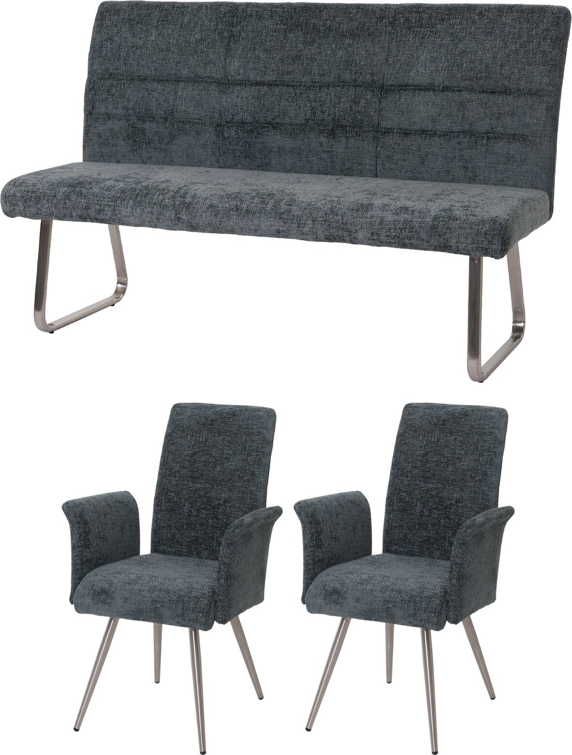 Esszimmer-Set HWC-G55, 2er-Set Stuhl mit Armlehne+Sitzbank 160cm, Edelstahl gebürstet Stoff/Textil Chenille ~ blau-grün