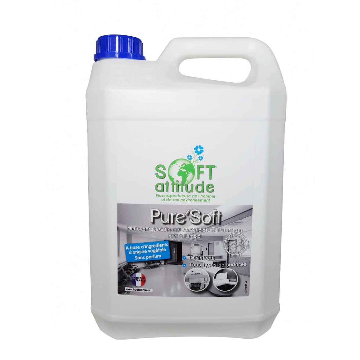 Désinfectant bactéricide multi-surfaces sans rinçage - PURE'SOFT - Bidon 5L - HYDRACHIM