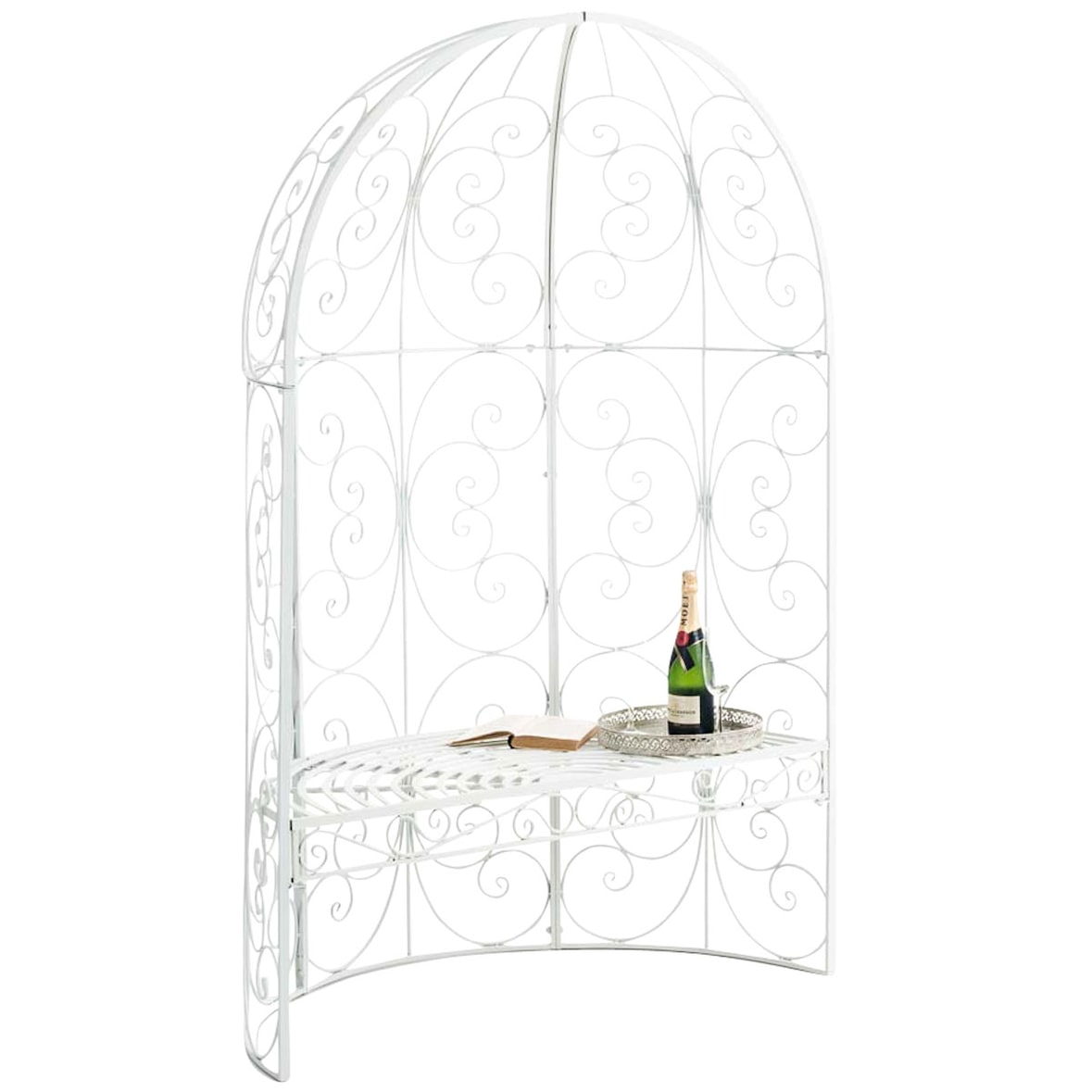 Halbpavillon mit Sitzbank BOSTON - Metall Weiß 120x58x178 cm | Gartenbank Mit Lehne Rankhilfe Etallbank Mit Überdach