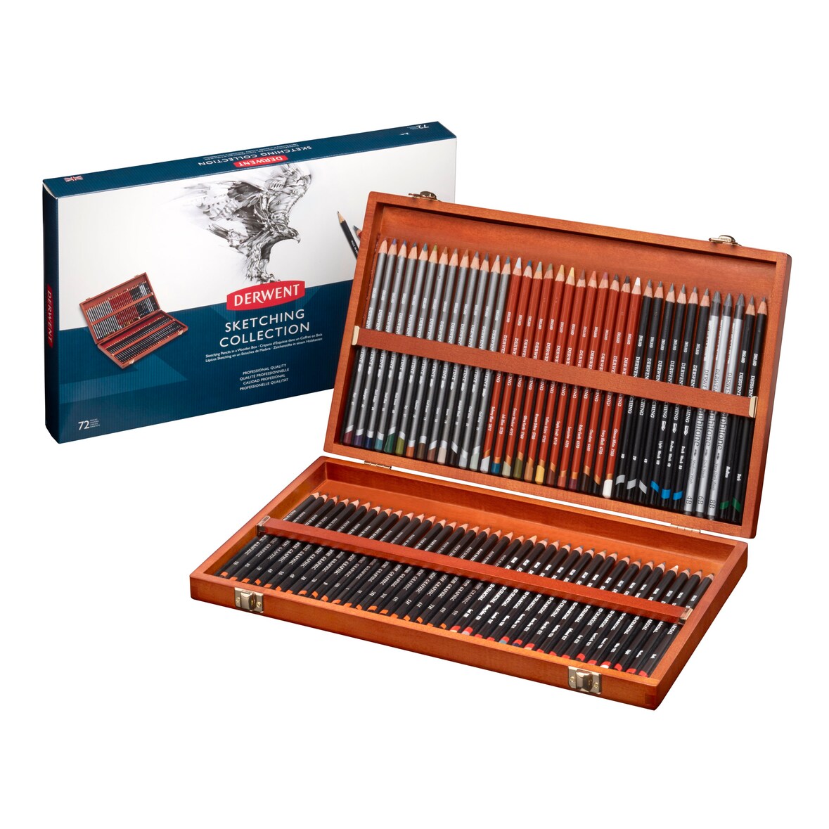 Caja de madera de 72 lápices Derwent para sketching.
