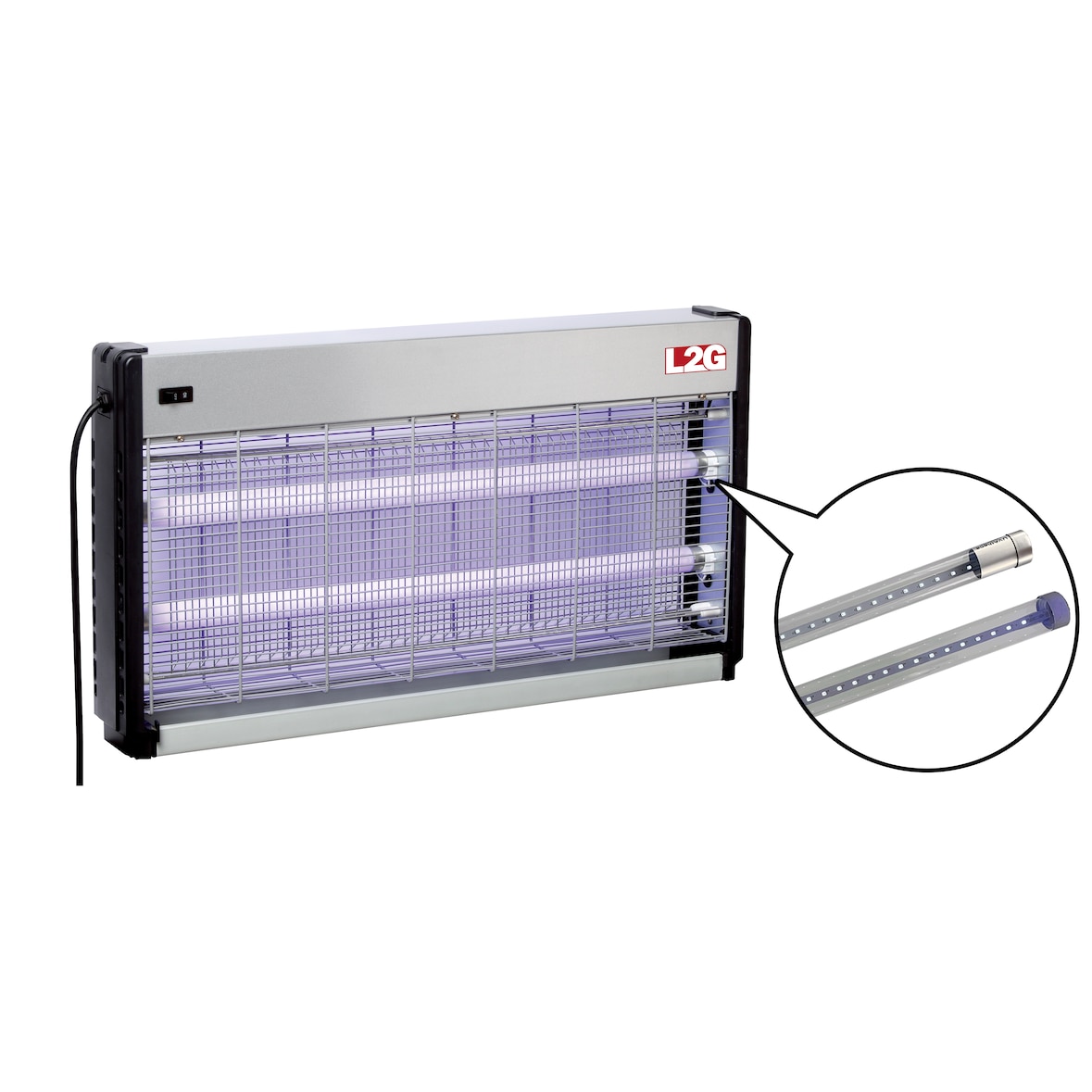 L2G - IC30L - Insectocutor eléctrico, exterminador de insectos electrico con 2 tubos led 2×7 w, cobertura 100 metros cuadrados, en aluminio