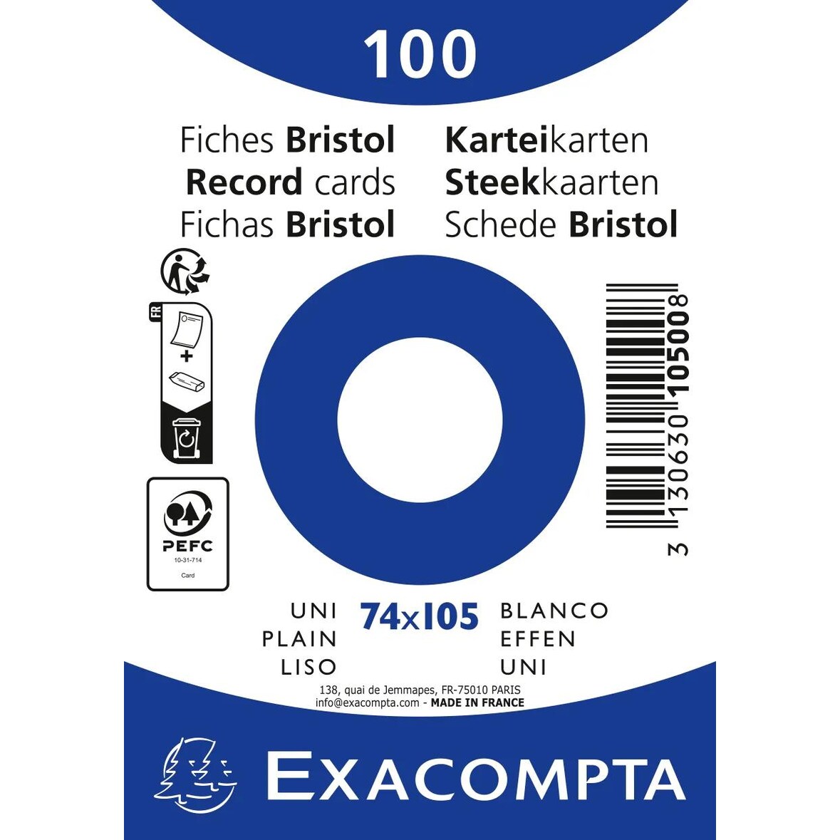 Exacompta - Réf. 10500SE - Carton de 40 Paquets 100 fiches sous film - bristol uni non perforé 74x105mm - Blanc