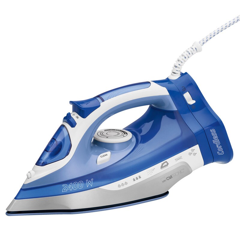 Clatronic DB 3706 Plancha Ropa Vapor Sin Cable, Suela Cerámica, 7 Funciones, 56 boquillas vapor, Termostato Regulable 2400W Azul