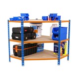 thumbnail of Maderclick Eckregal aus Metall ohne Schrauben, 3 Böden. Farbe BLAU/ORANGE/HOLZ 900x900x400 mm