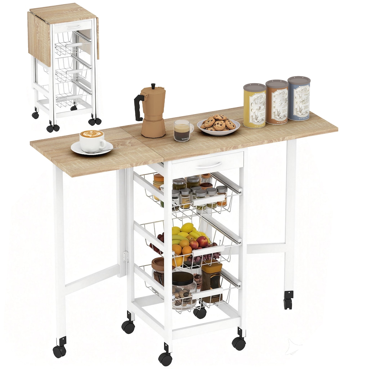 HOMCOM Carrinho de Cozinha Dobrável Carrinho Auxiliar com Rodas 1 Gaveta e 3 Cestos de Metal 97,2x37x77,5 cm Branco e Madeira