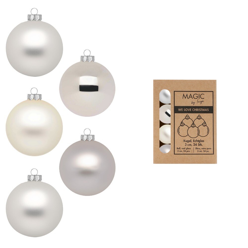 24 Weihnachtskugeln 3cm Glas Christbaumkugeln Weihnachtsbaumkugeln creme silber