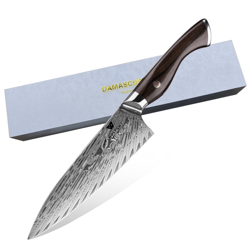 WOLFCUT - Damaskus Ōkami Chefmesser mit Ebenholzgriff 21 cm Klinge 73-lagiger Damaszenerstahl mit Edler Verpackung