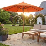 thumbnail of Gastronomie Holz-Sonnenschirm HWC-C57, Gartenschirm, Polyester/Holz 14kg, rund Ø3m Seilzug stoßsicher ~ terracotta