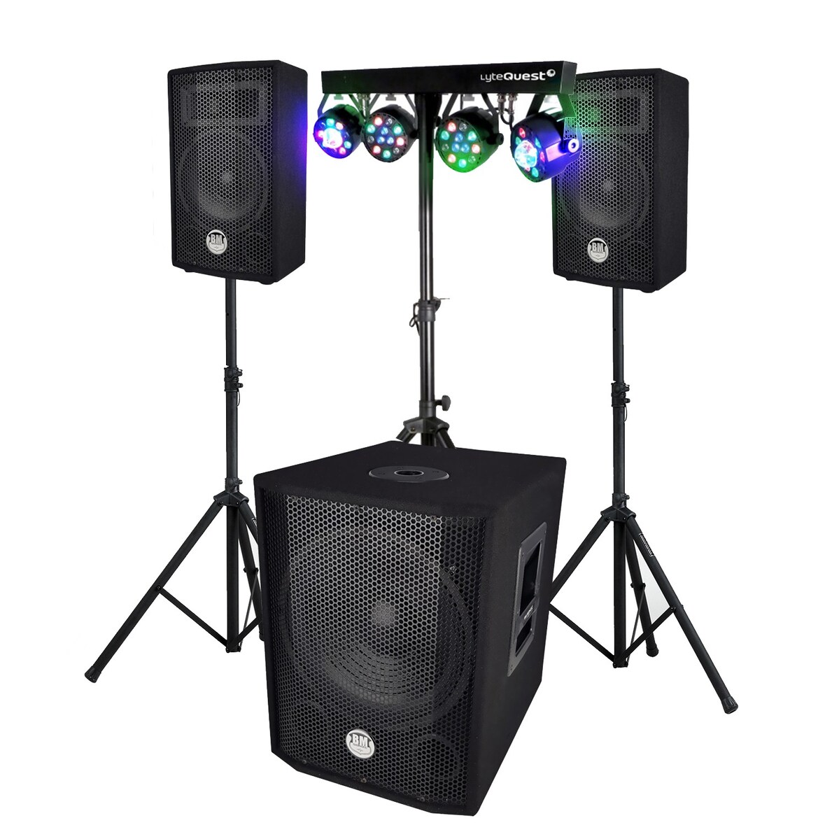 Pack sonorisation BMS1208, Caisson bi-amplifié 600W, USB Bluetooth, 30cm, Satellites, câbles, Portique + 4 PAR /UV DMX, 18 prog.