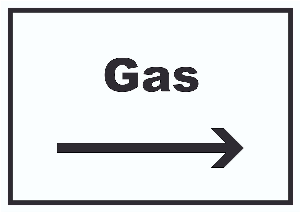 Gas Schild mit Text und Richtungspfeil rechts Anschluss waagerecht A1 (594x841mm)