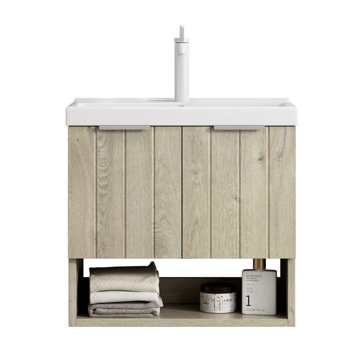 Waschtisch 55x32x53 Wandmontage Badezimmer Keramikbecken Multiplex Schrank Soft-Close Türen Offenes Regal Modern Weiß+Eiche