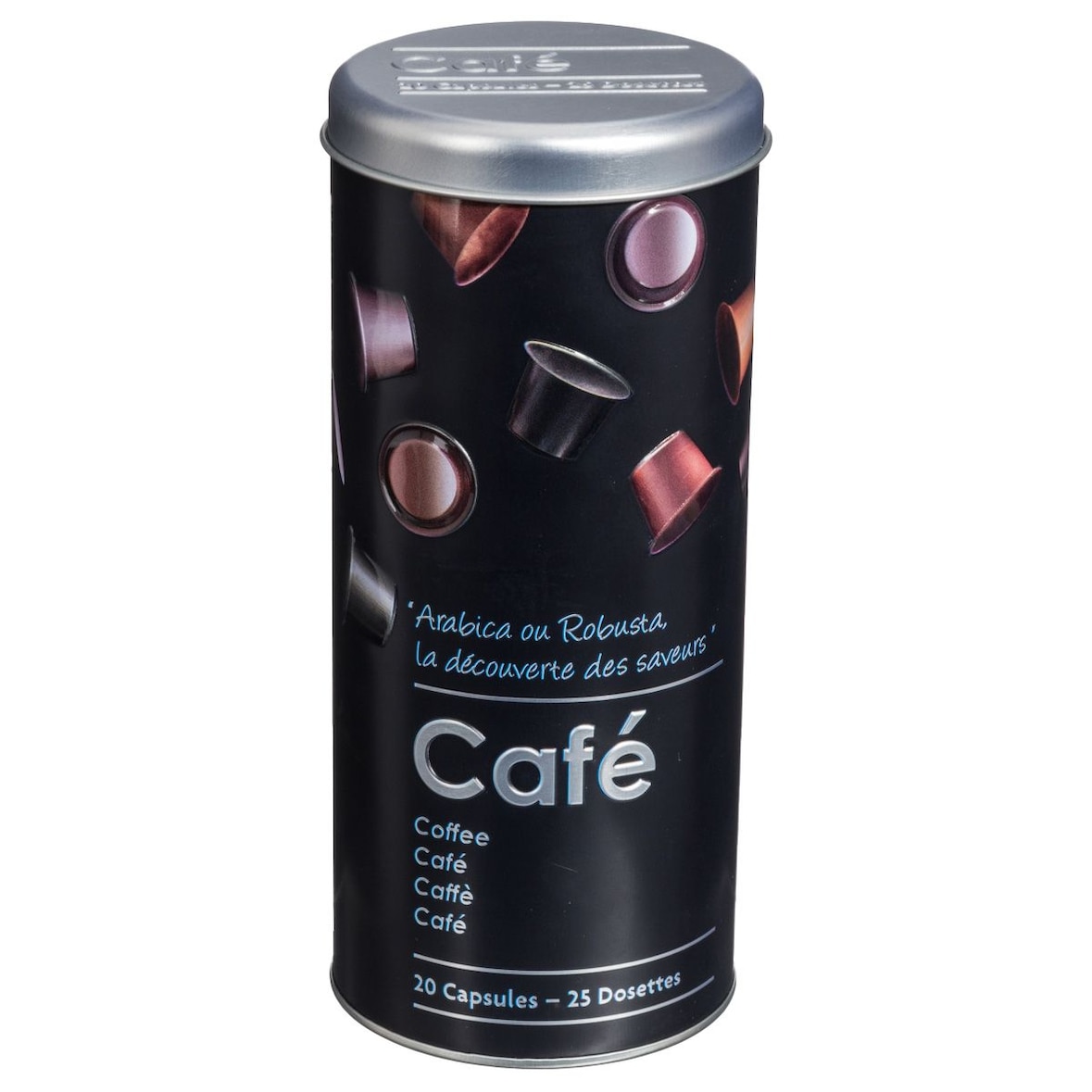 Boîte à capsules en métal Noir déco Relief Argent