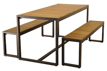 METRO PROFESSIONAL Set di mobili da esterno Modano 3 pezzi, legno di acacia/acciaio, 1 tavolo 162 x 70 cm, 2 panche 147 x 30 cm, marrone naturale/nero