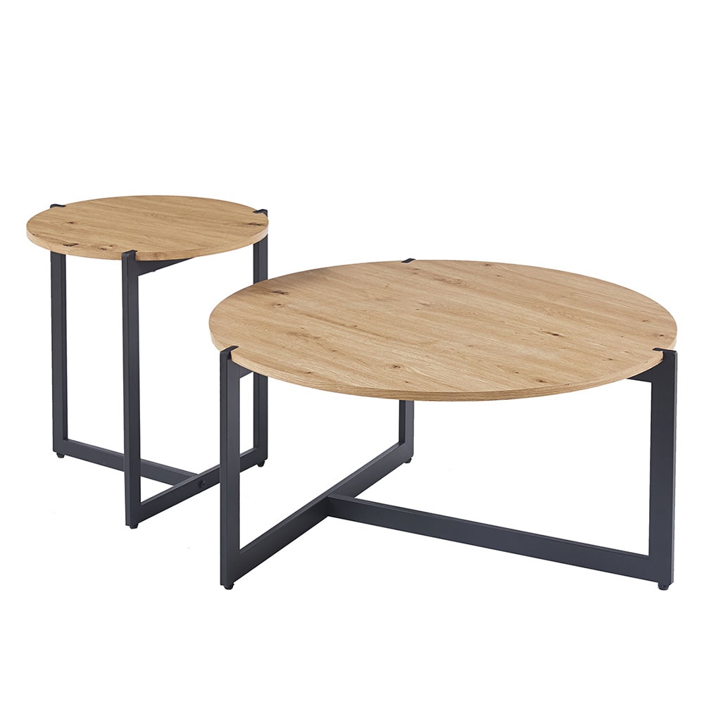 Conjunto de 2 Mesas de Centro em metal e MDF com efeito madeira, modernas, versáteis para sala de estar, quarto, salas de espera, mesas redondas –ELON