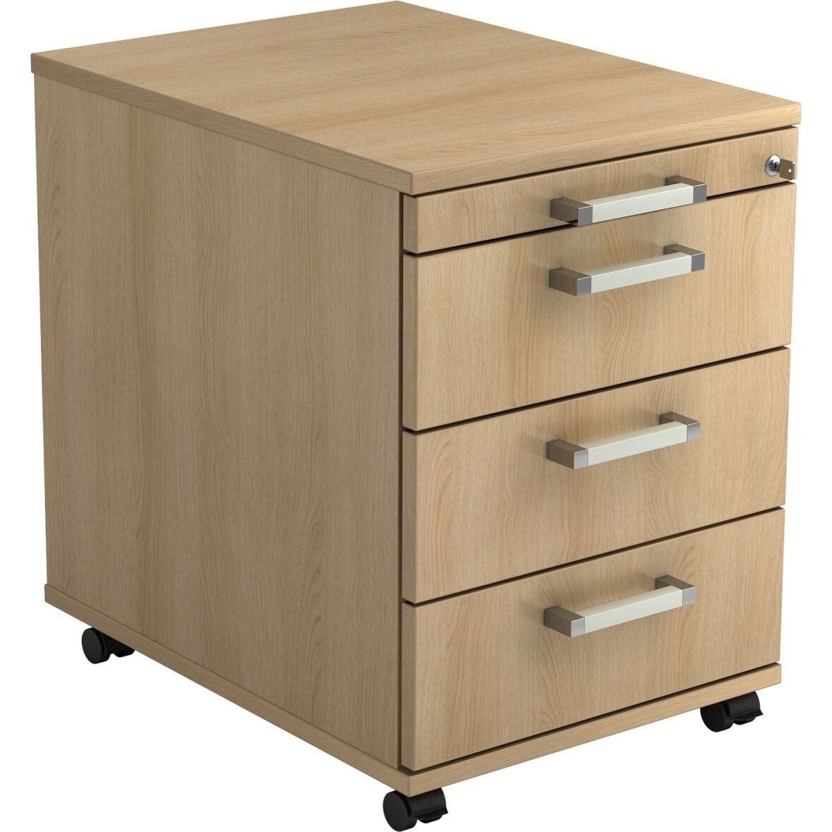 Rollcontainer 58cm 3 Schübe Schloss Chromgriff Eiche