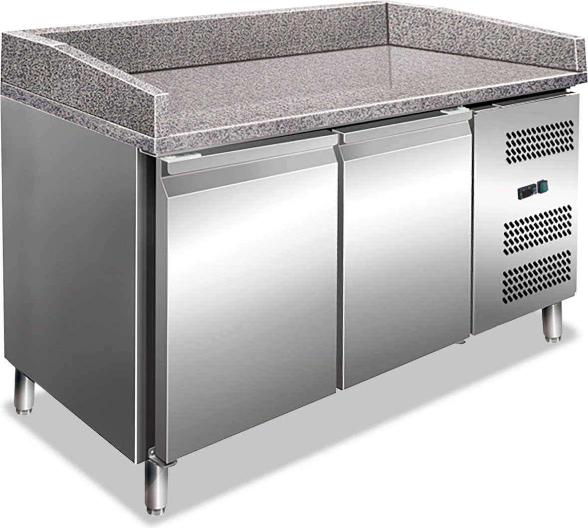 Pizzatheke mit 2 Türen. Platte aus Granit. Temperatur +2°C/+8°C. Automatische Abtauung. Abmessungen LxBxH 151x80x100 cm. PZ2600TN