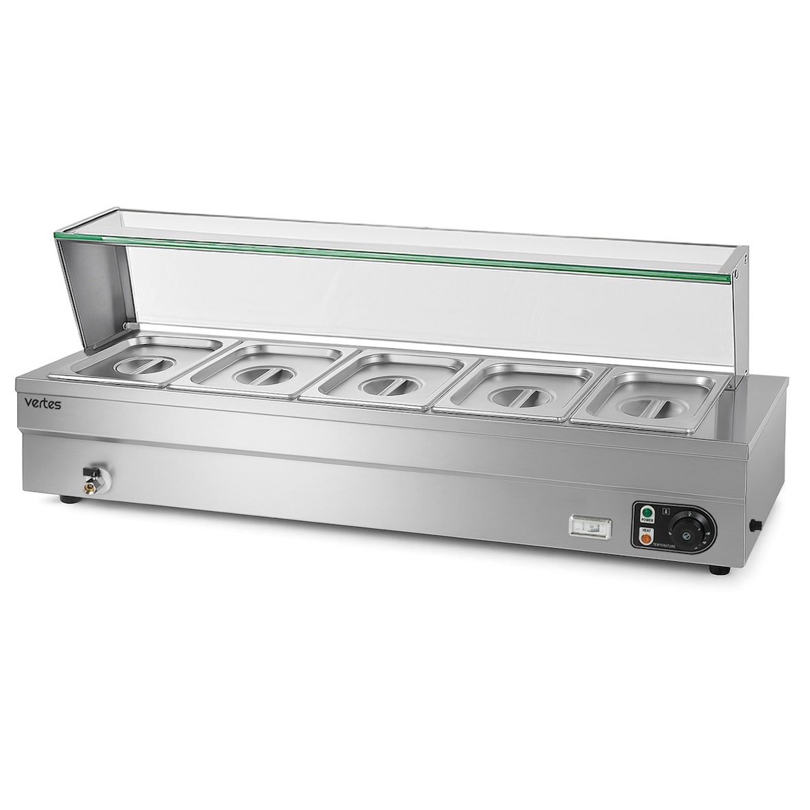 VERTES Calentador de comida, calentador de bufé, eléctrico, 1500 W, de acero inoxidable (incluye 5 recipientes GN de 1/2 con tapa, 10 l, 30-85 °C)