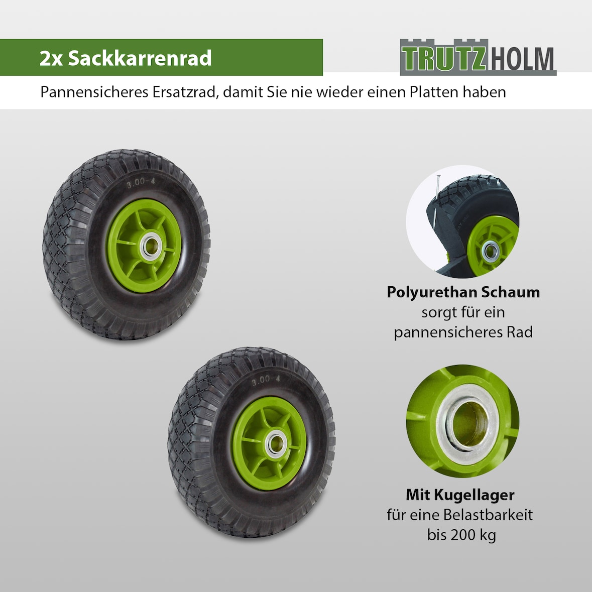 2x Sackkarrenrad PU-Rad 260x85 mm 3.00-4 60 mm versetzte Nabe Ø 20 mm grün Vollgummi Bollerwagen