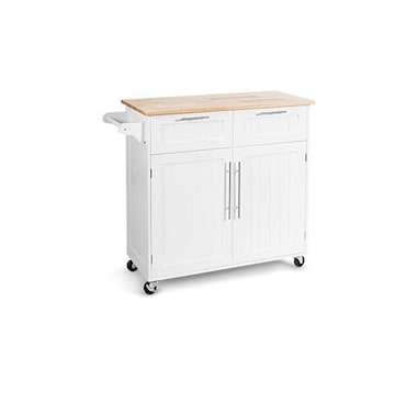 COSTWAY Isla de cocina con mesa de trabajo y toalla, carro de cocina con 2 cajones y puertas