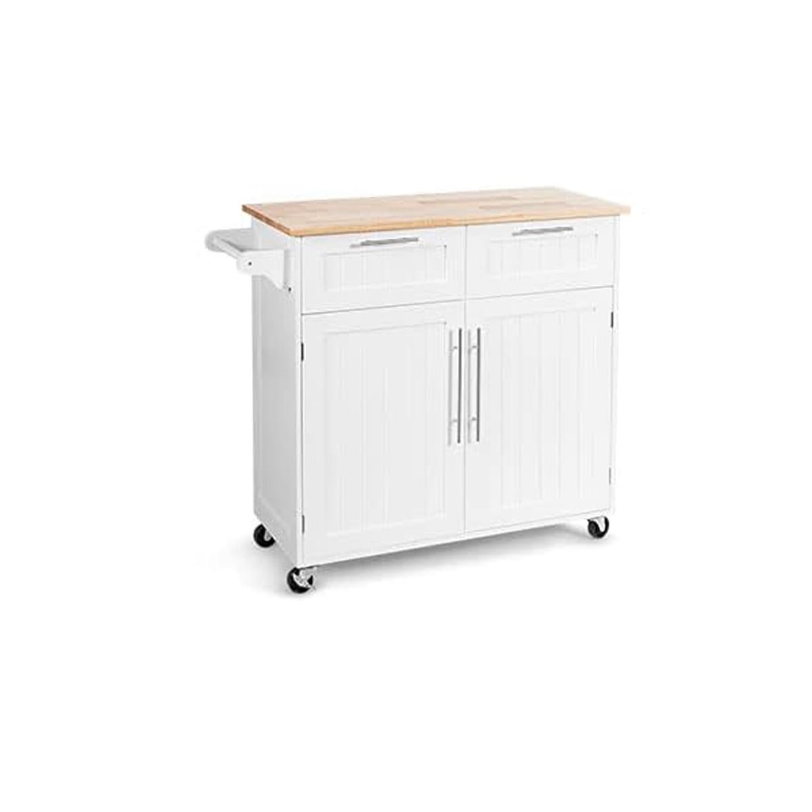 COSTWAY Kücheninsel mit Arbeitsplatte und Handtücherhalter, Küchenwagen mit 2 Schubladen und Türen