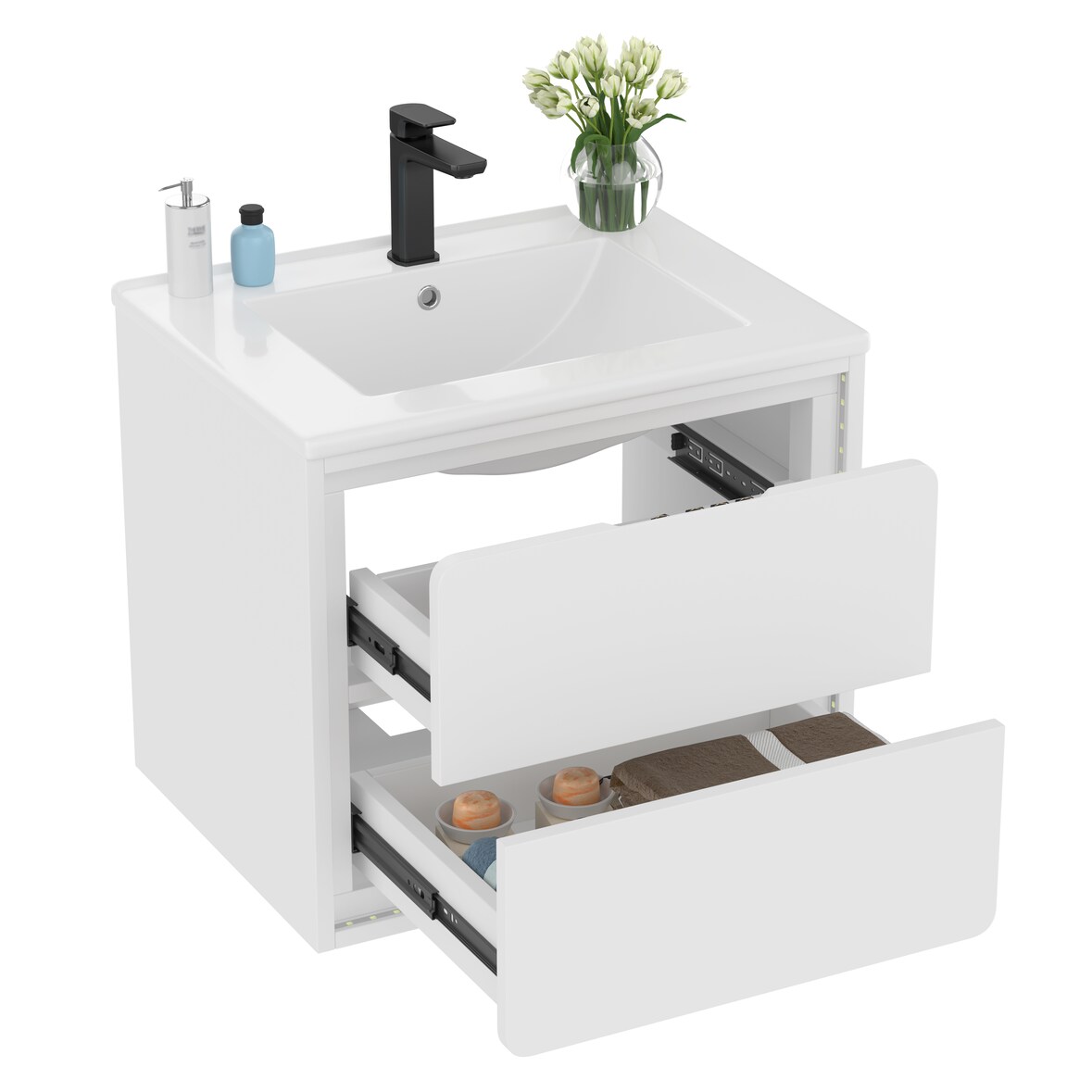 Badezimmerschrank 60x46x50 wandhängend mit Keramikwaschbecken, LED-Radarsensor, 2 geräuschlose Schubladen, MDF, modernes Design, Weiß