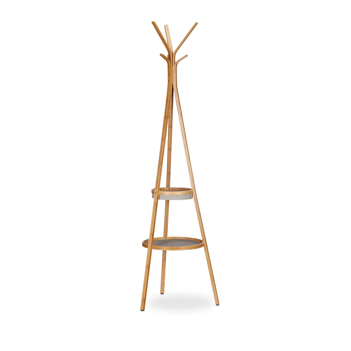 Relaxdays Garderobe mit Ablage, dreiarmiger Bambus Kleiderständer mit 6 Haken, Kleiderablage HxBxT: 171x50x50cm, natur