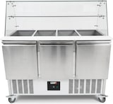 thumbnail of Romux® Saladette und Pizzatisch 3 Türen 135x70 cm für 12 GN-Behälter mit Arbeitsplatte und Glaskuppel | Kühltisch von Pizzen und Salaten