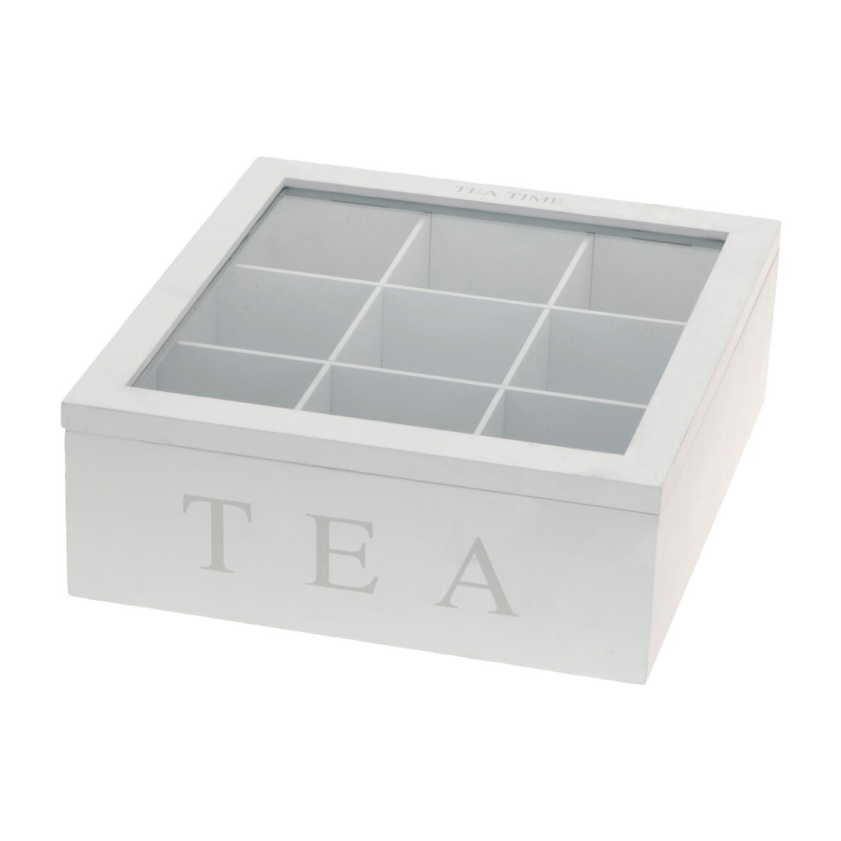 Teebox Holz Weiß Deckel 9-Fächer mit Aufschrift TEA